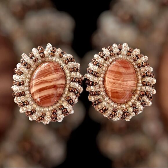 Vtg hand beaded Banded Agate earrings pierced crystal ab copper glass bead - Picture 4 of 9